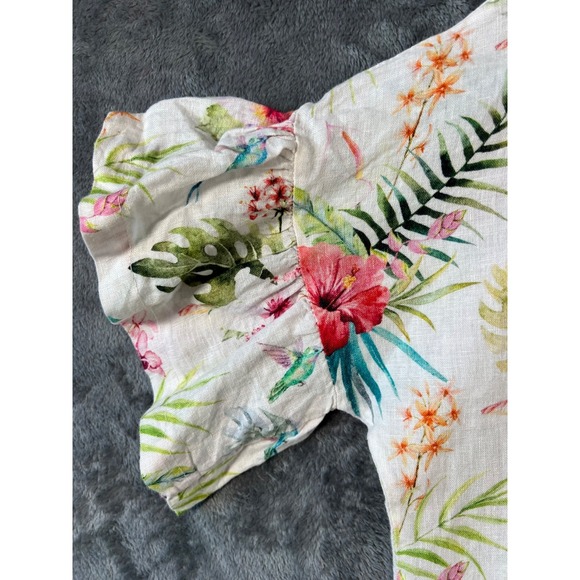 Viola Borghi 100% Linen Top Womens Large White Floral Hummingbird Ruffle Sleeve - Picture 7 of 8